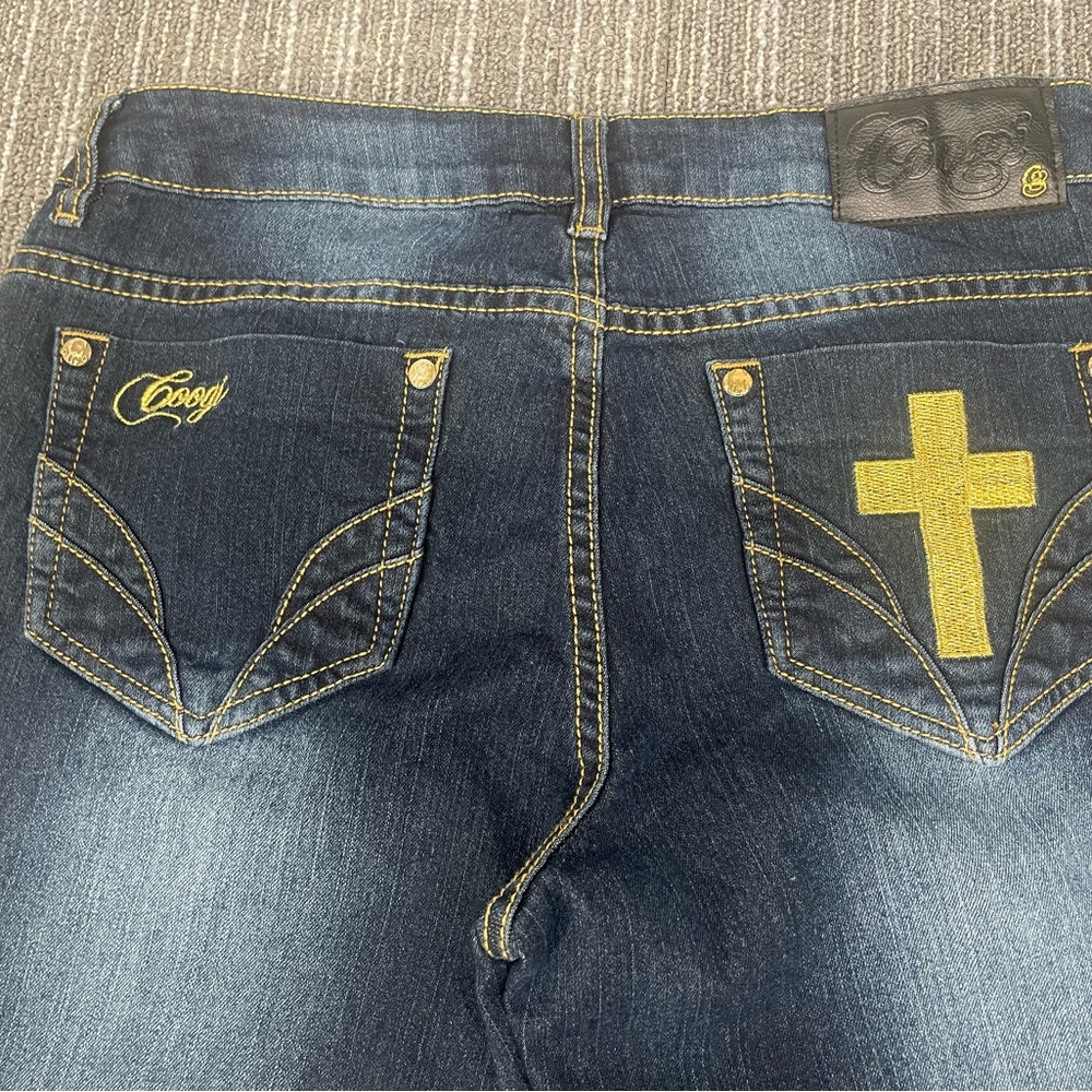 Coogi Dark Blue Jeans with Yellow Cross Detail